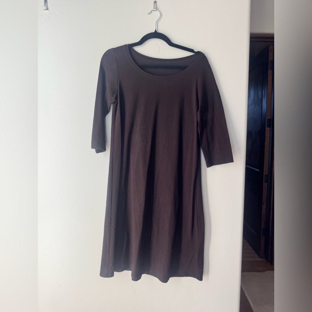 Eileen Fisher Stretch Jersey Shift Chocolate Brown Midi Dress S Minimalist